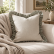 Bella Olive Green Ruffle Square Cushion Cover — styled view 3