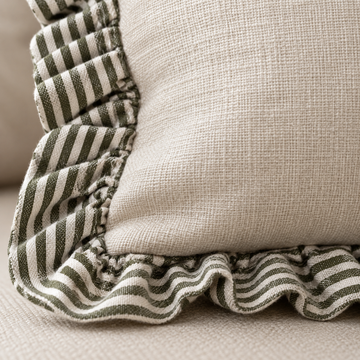 Bella Olive Green Ruffle Square Cushion Cover — fabric detail 3