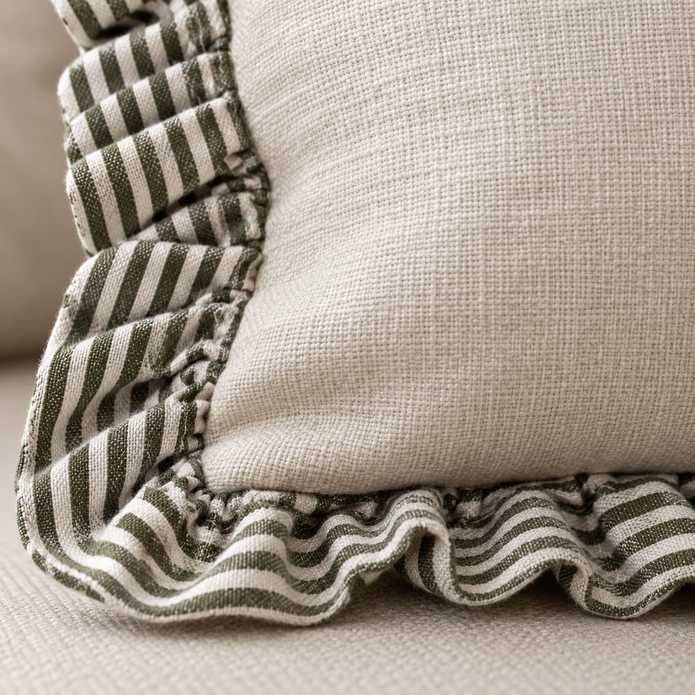 Bella Olive Green Ruffle Square Cushion Cover — fabric detail 3