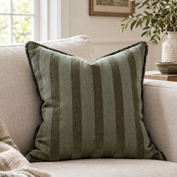 Isla Olive Green Striped Square Cushion Cover — styled view 1