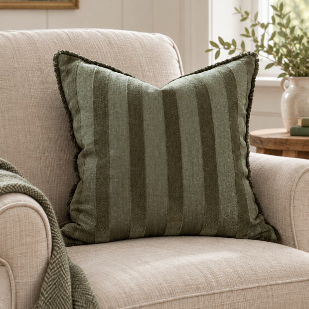 Isla Olive Green Striped Square Cushion Cover — styled view 2