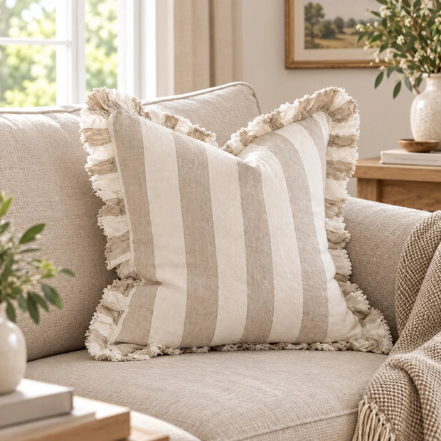 Hallie Beige And White Wide Stripe Square Cotton Blend Cushion Cover — styled view 1