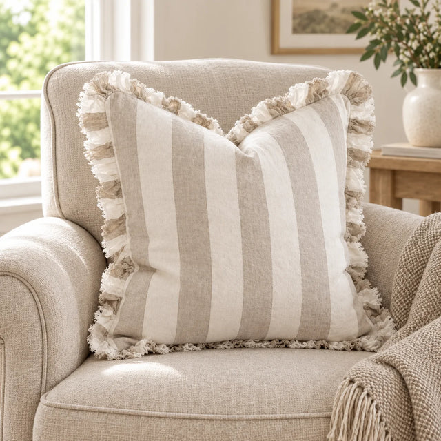 Hallie Beige And White Wide Stripe Square Cotton Blend Cushion Cover — styled view 2