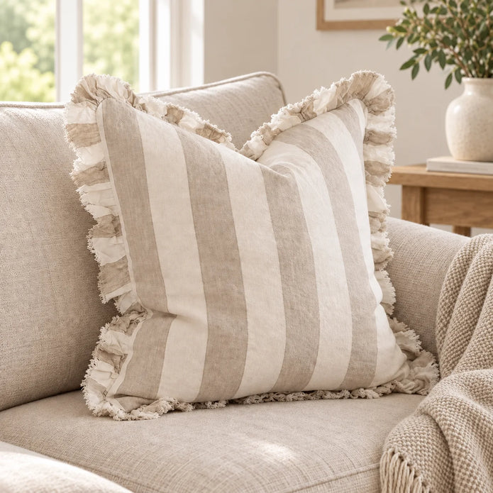 Hallie Beige And White Wide Stripe Square Cotton Blend Cushion Cover — styled view 3