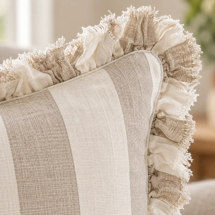 Hallie Beige And White Wide Stripe Square Cotton Blend Cushion Cover — fabric detail 1
