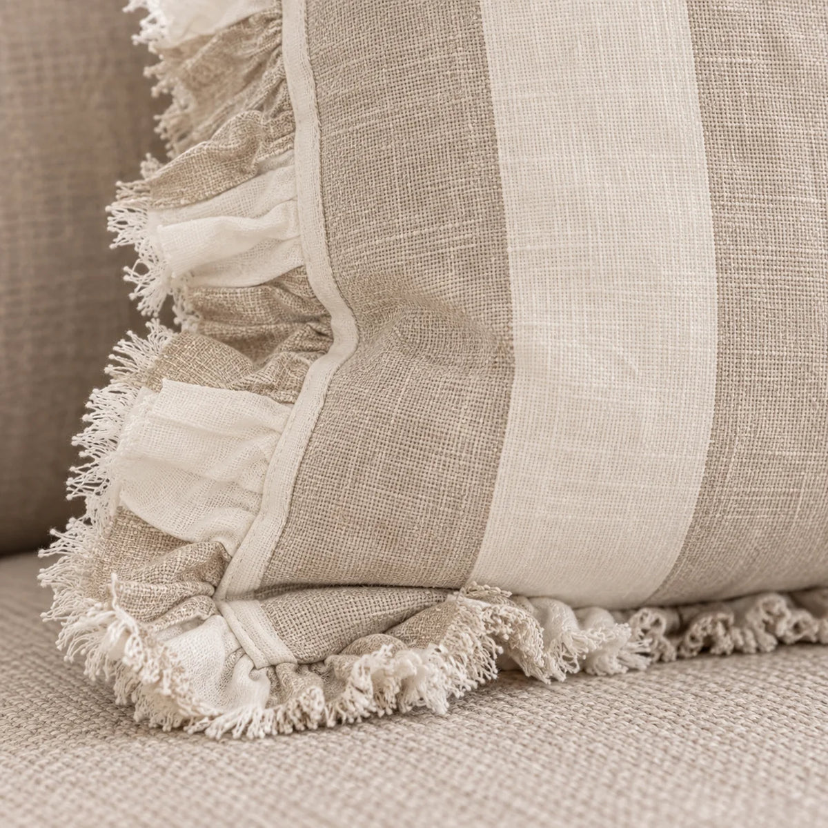 Hallie Beige And White Wide Stripe Square Cotton Blend Cushion Cover — fabric detail 3
