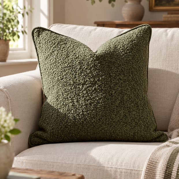 Olive Green Square Sofia Boucle Cushion Cover — styled view 1