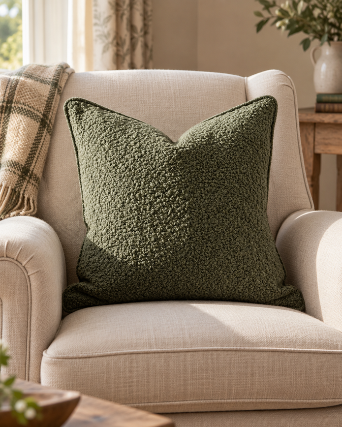 Olive Green Square Sofia Boucle Cushion Cover — styled view 2