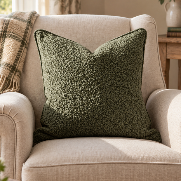 Olive Green Square Sofia Boucle Cushion Cover — styled view 2