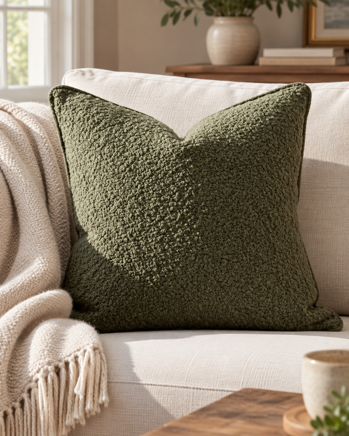 Olive Green Square Sofia Boucle Cushion Cover — styled view 3