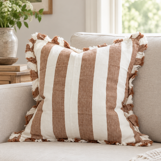 Hallie Rust Brown And White Wide Stripe Cotton Cushion Cover — styled view 1