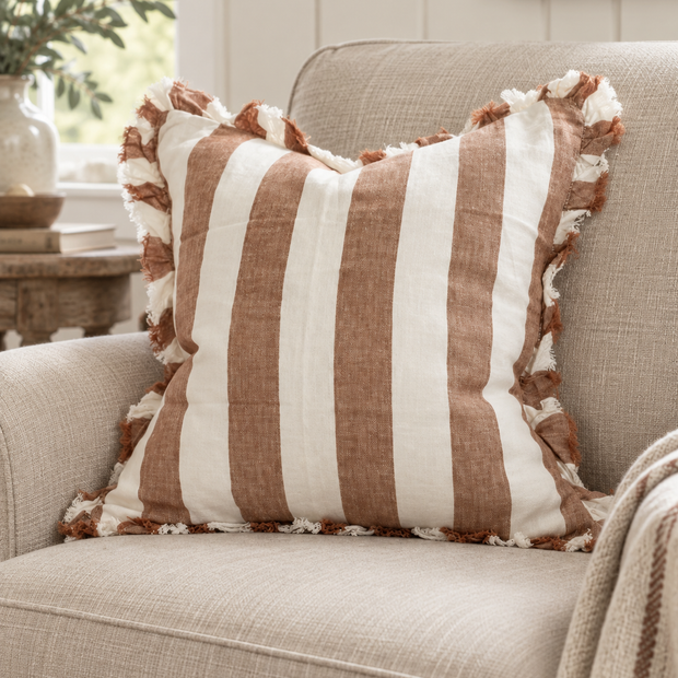 Hallie Rust Brown And White Wide Stripe Cotton Cushion Cover — styled view 2
