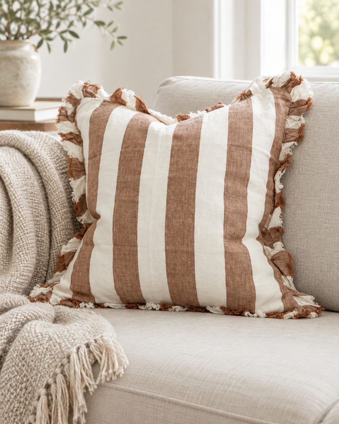 Hallie Rust Brown And White Wide Stripe Cotton Cushion Cover — styled view 3