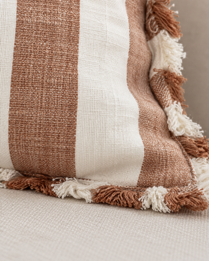Hallie Rust Brown And White Wide Stripe Cotton Cushion Cover — fabric detail 3
