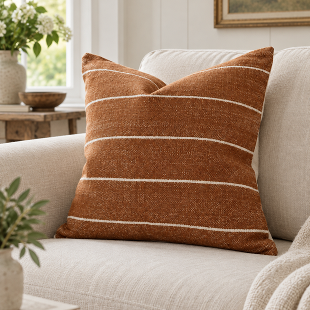 India Rust Brown And White Pinstripe Cotton Cushion Cover — styled view 1