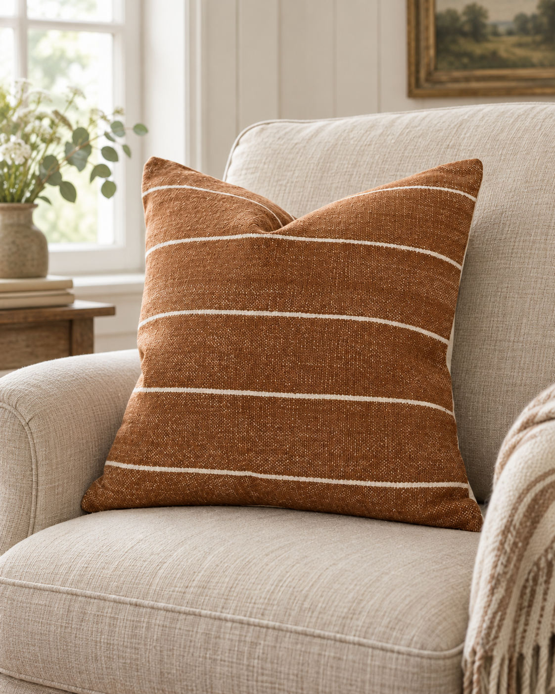 India Rust Brown And White Pinstripe Cotton Cushion Cover — styled view 2