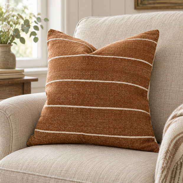 India Rust Brown And White Pinstripe Cotton Cushion Cover — styled view 2