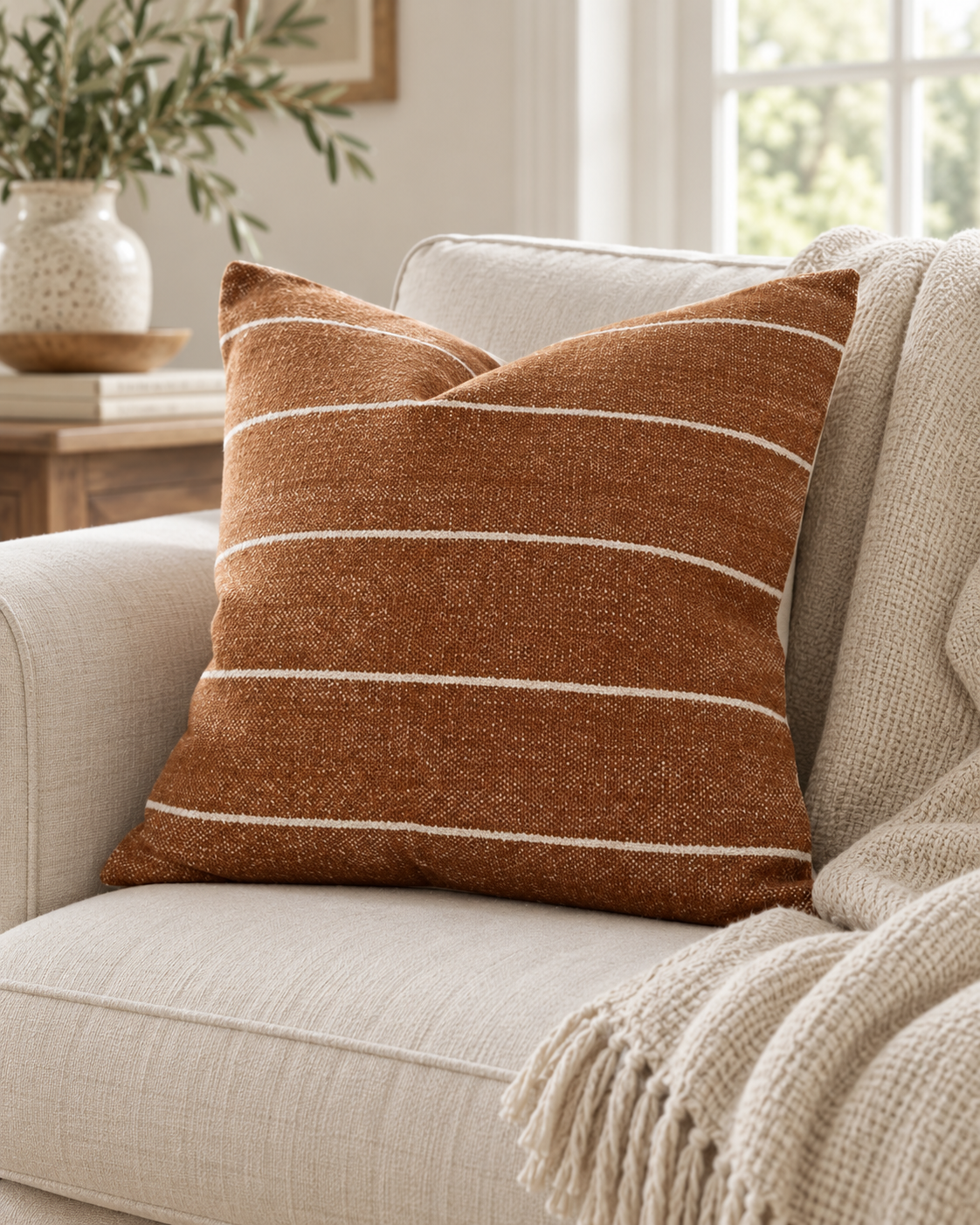 India Rust Brown And White Pinstripe Cotton Cushion Cover — styled view 3