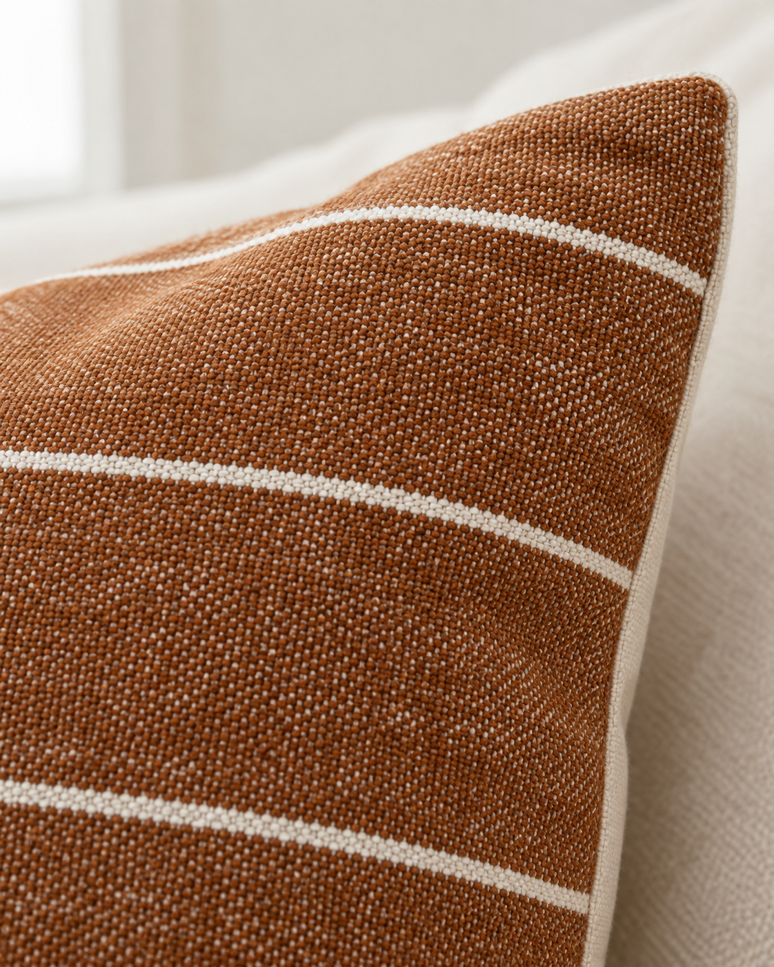 India Rust Brown And White Pinstripe Cotton Cushion Cover — fabric detail 1