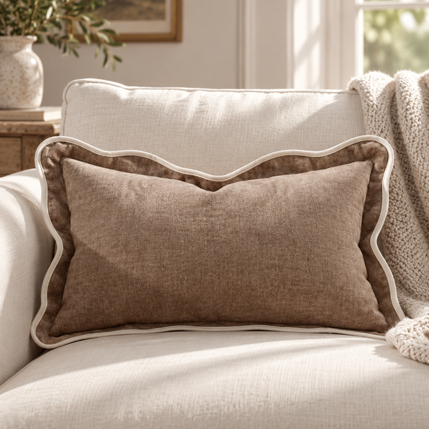 Chloe Coffee Brown And Cream Scalloped Edge Rectangle Cushion Cover — styled view 1