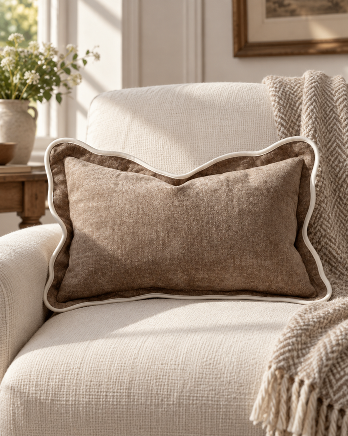 Chloe Coffee Brown And Cream Scalloped Edge Rectangle Cushion Cover — styled view 2