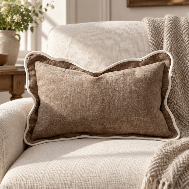 Chloe Coffee Brown And Cream Scalloped Edge Rectangle Cushion Cover — styled view 2