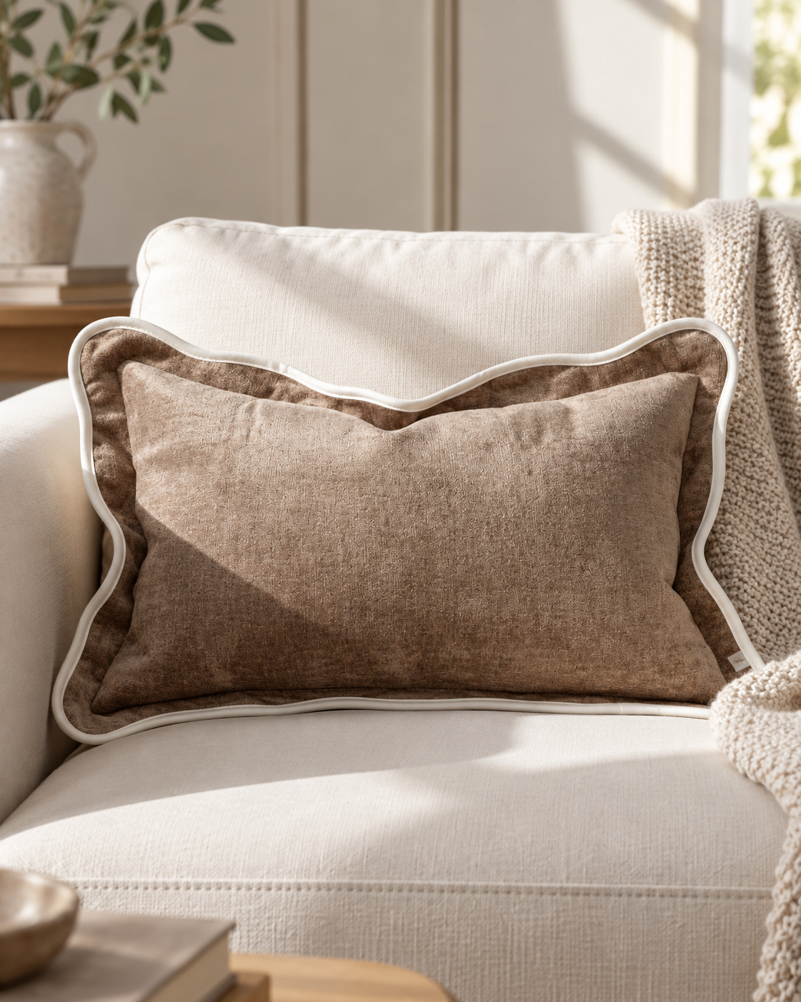 Chloe Coffee Brown And Cream Scalloped Edge Rectangle Cushion Cover — styled view 3