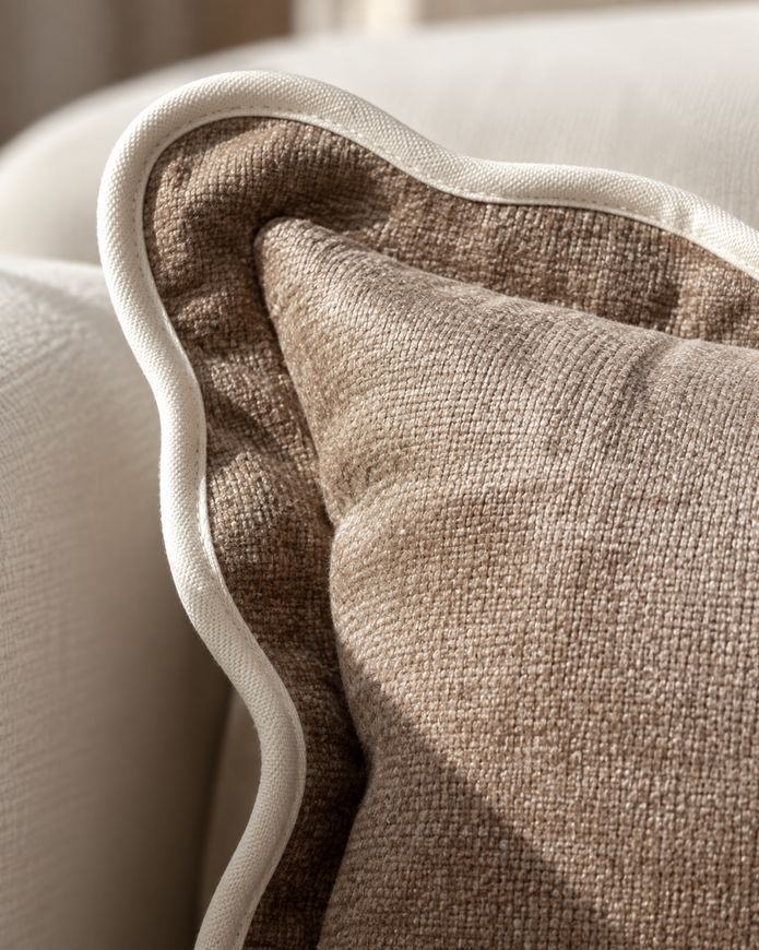 Chloe Coffee Brown And Cream Scalloped Edge Rectangle Cushion Cover — fabric detail 1