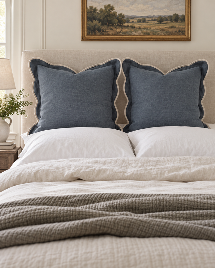 Chloe Blue Scalloped Extra Large Bed Cushion Cover — 65 cm oversized square cushion styled on a bed