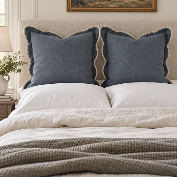 Chloe Blue Scalloped Extra Large Bed Cushion Cover — 65 cm oversized square cushion styled on a bed