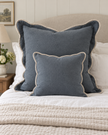 Chloe Blue Scalloped Extra Large Bed Cushion Cover — 65 cm oversized square cushion styled on a bed