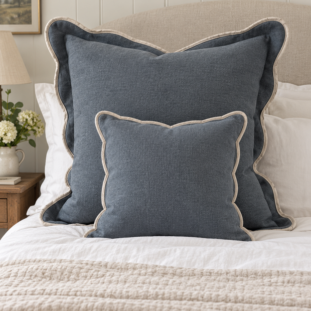 Chloe Blue Scalloped Extra Large Bed Cushion Cover — 65 cm oversized square cushion styled on a bed