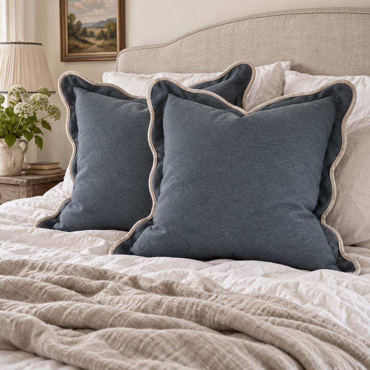 Chloe Blue Scalloped Extra Large Bed Cushion Cover — 65 cm oversized square cushion styled on a bed