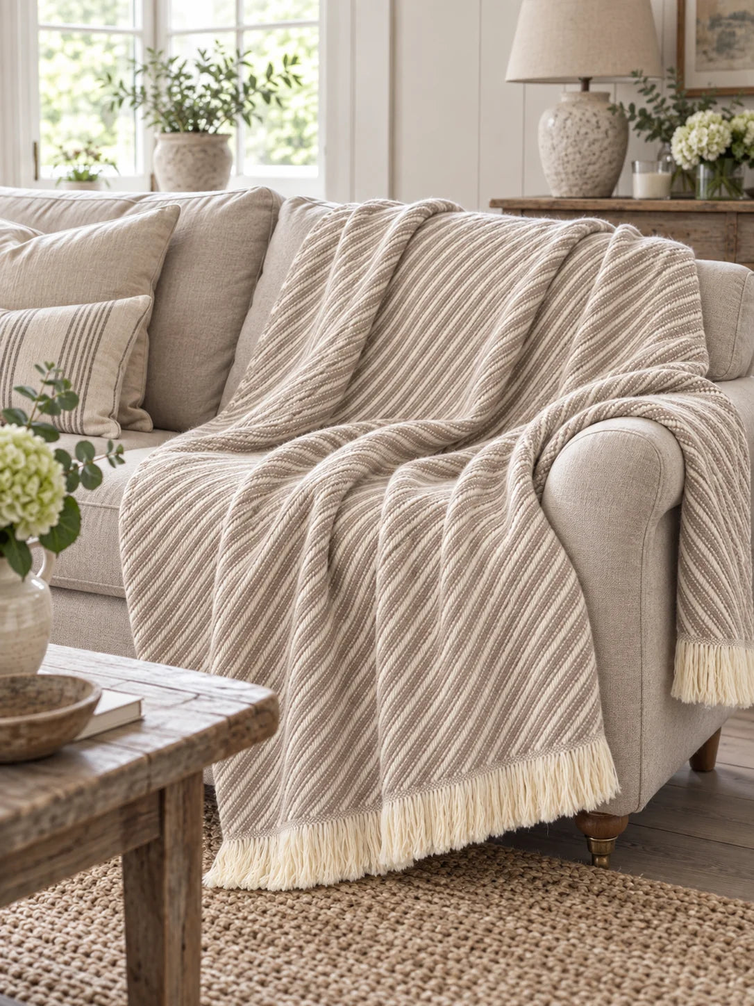 Beige striped Ellenvale Trade throw blanket made of soft furnishings material, showing cozy, lightweight fabric with subtle stripe pattern.