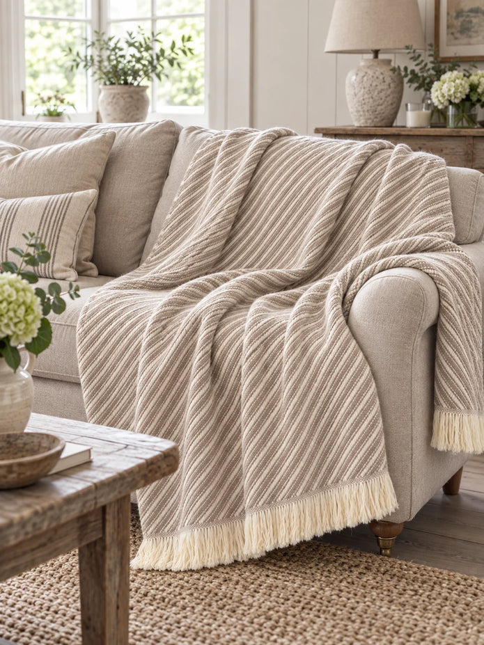 Beige striped Ellenvale Trade throw blanket made of soft furnishings material, showing cozy, lightweight fabric with subtle stripe pattern.