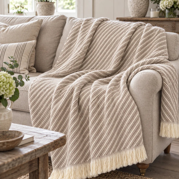 Beige Striped Throw Blanket — styled view 2