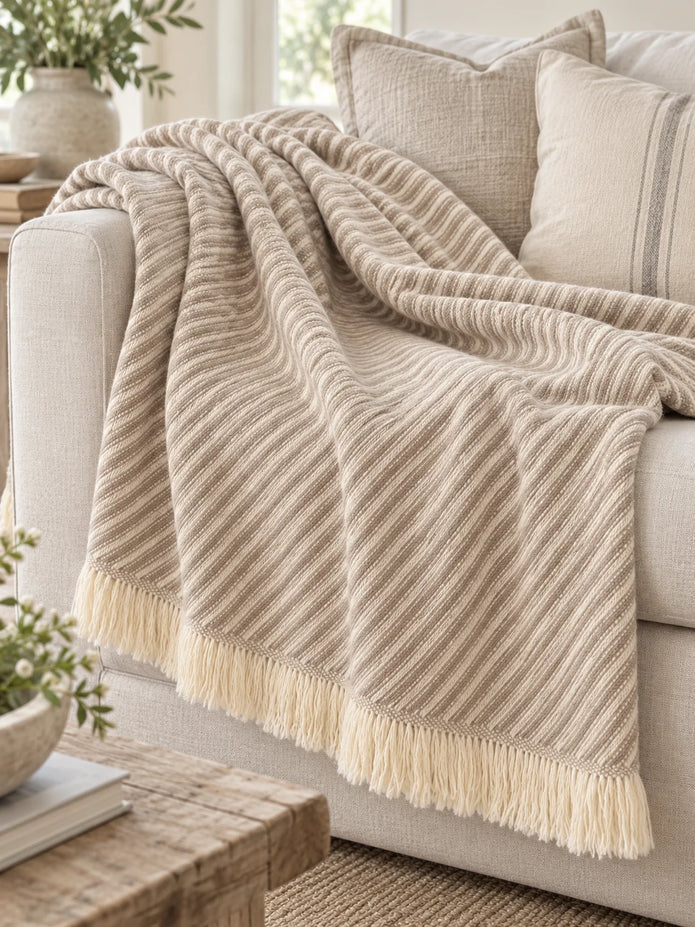 Beige striped Ellenvale Trade soft throw blanket with a cozy, textured appearance, perfect for home decor and comfort.