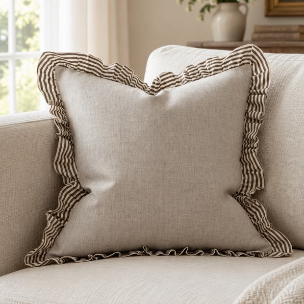 Bella Chocolate Brown Ruffle Square Cushion Cover — styled view 1