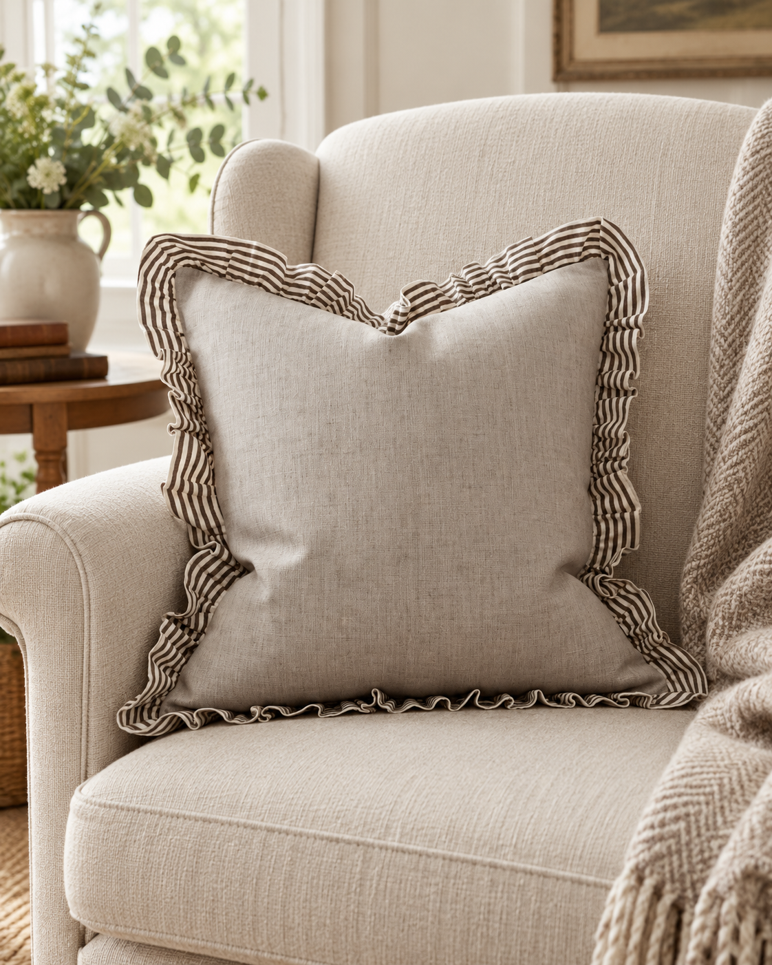 Ellenvale Bella chocolate brown ruffle square cushion cover with soft textured fabric, stylish and decorative for cozy home decor.