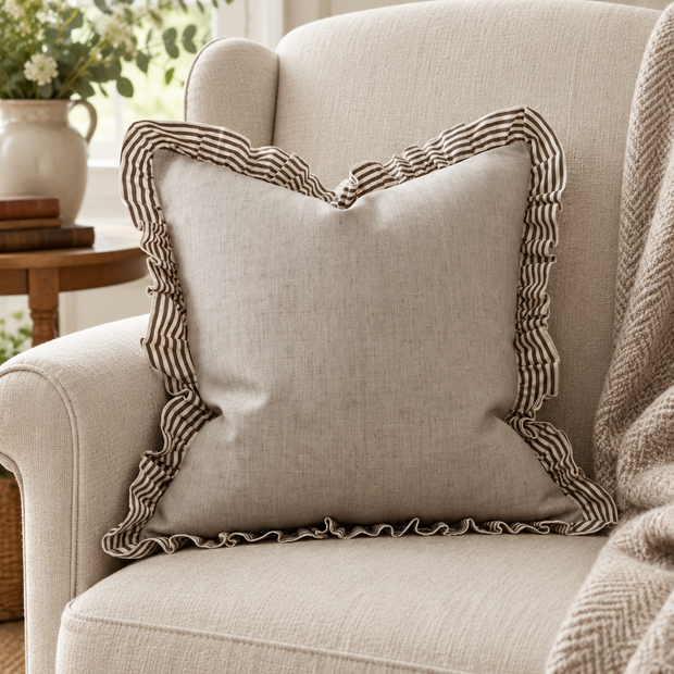 Bella Chocolate Brown Ruffle Square Cushion Cover — styled view 2