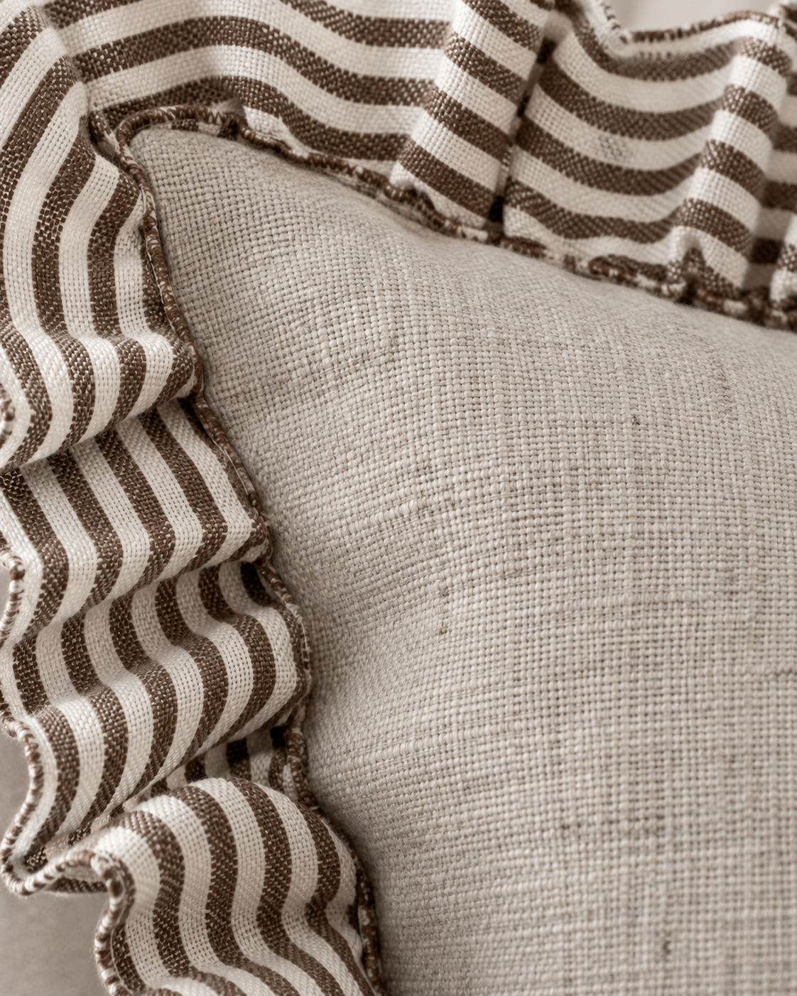 Chocolate brown Ellenvale Bella square cushion cover with ruffle edges, soft furnishings accessory for cozy home decor.