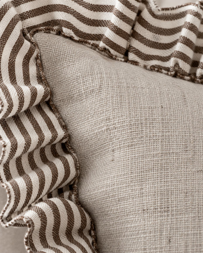 Chocolate brown Ellenvale Bella square cushion cover with ruffle edges, soft furnishings accessory for cozy home decor.