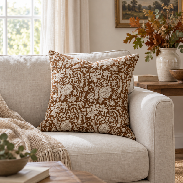 Ivy Rust Print Brown And White Cotton Cushion Cover — styled view 1