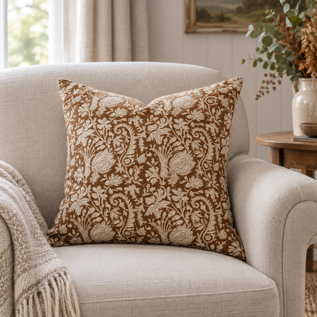 Ivy Rust Print Brown And White Cotton Cushion Cover — styled view 2