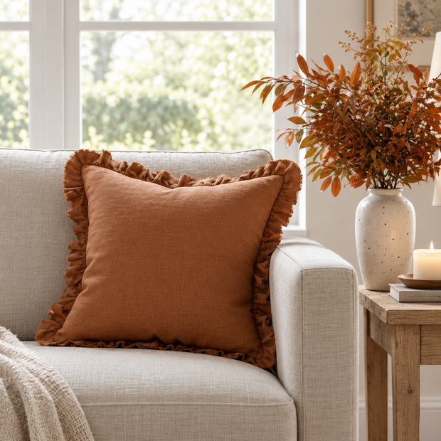 Hallie Rust Brown Square Ruffle Linen Blend Cushion Cover — styled view 1