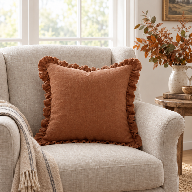 Hallie Rust Brown Square Ruffle Linen Blend Cushion Cover — styled view 2