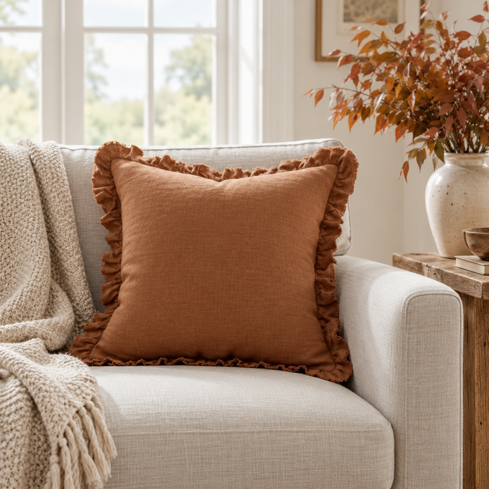 Rust brown square cushion cover with ruffle detail, linen blend fabric, Ellenvale Hallie soft furnishings for cozy home decor.