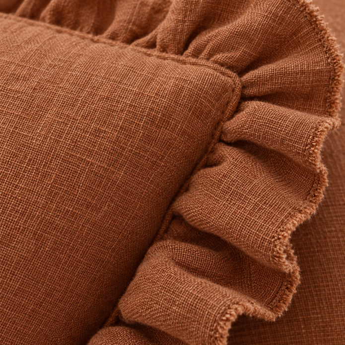 Ellenvale Hallie Rust Brown square linen blend cushion cover with ruffle edge, soft furnishings for home decor.