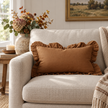 Rust brown linen blend cushion cover with frilled edges, rectangular shape, from Ellenvale Trade's Hallie collection.
