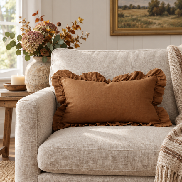 Hallie Rust Brown Frilled Rectangle Linen Blend Cushion Cover — styled view 1
